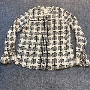 Porridge Clothing Womens XS Black White Floral Peacock Print Belle Sleeve Blouse